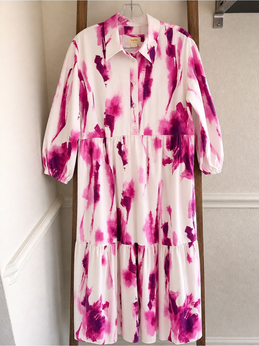 Anthropologie Pink Watercolor Floral Midi Shirt Dress - 100% Cotton - Picture 2 of 4